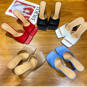 2023 Spring Summer Fashion Minimalist Versatile One-Strap High Heel Slippers European American Style Square Toe Thin Heel Solid Color Slippers