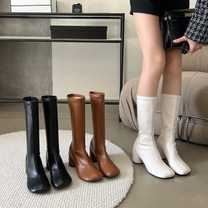 2023 New Fashion Chunky Heel Stretch Boots Minimalist Mid Calf Solid Color Slim Short Boots Women