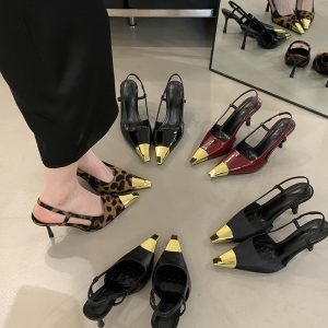 2025 Spring Women's High Heel Metal Letter Open Toe Square Toe Backless Single Shoes