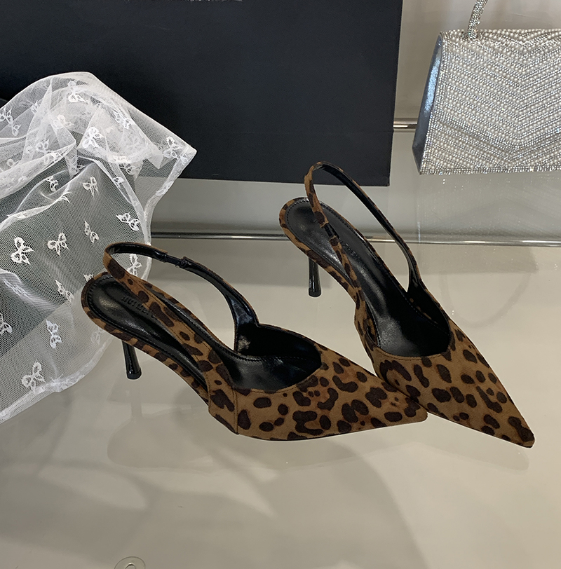 Fairy French Leopard Print High Heel Closed Toe Sandals Backless Shoes 2025 New Spring Summer Pointed Toe Flats - Image 2