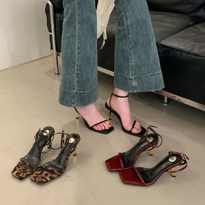 2026 Summer New Gold Bar High Heel Square Toe One-Strap Sandals Women Sexy Thin Heel Open Toe Shoes