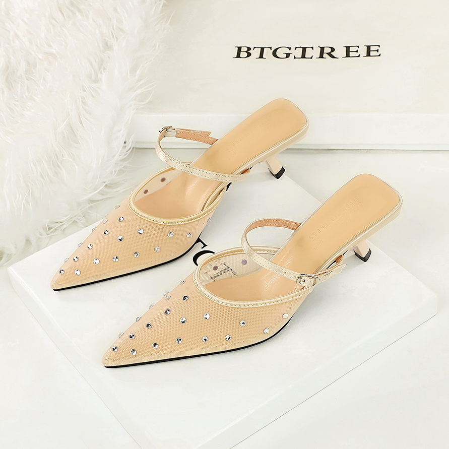 French Pointed Toe Mesh Rhinestone Low Heel Slippers for Women Breathable Hollow Out Strap Shoes - Image 4