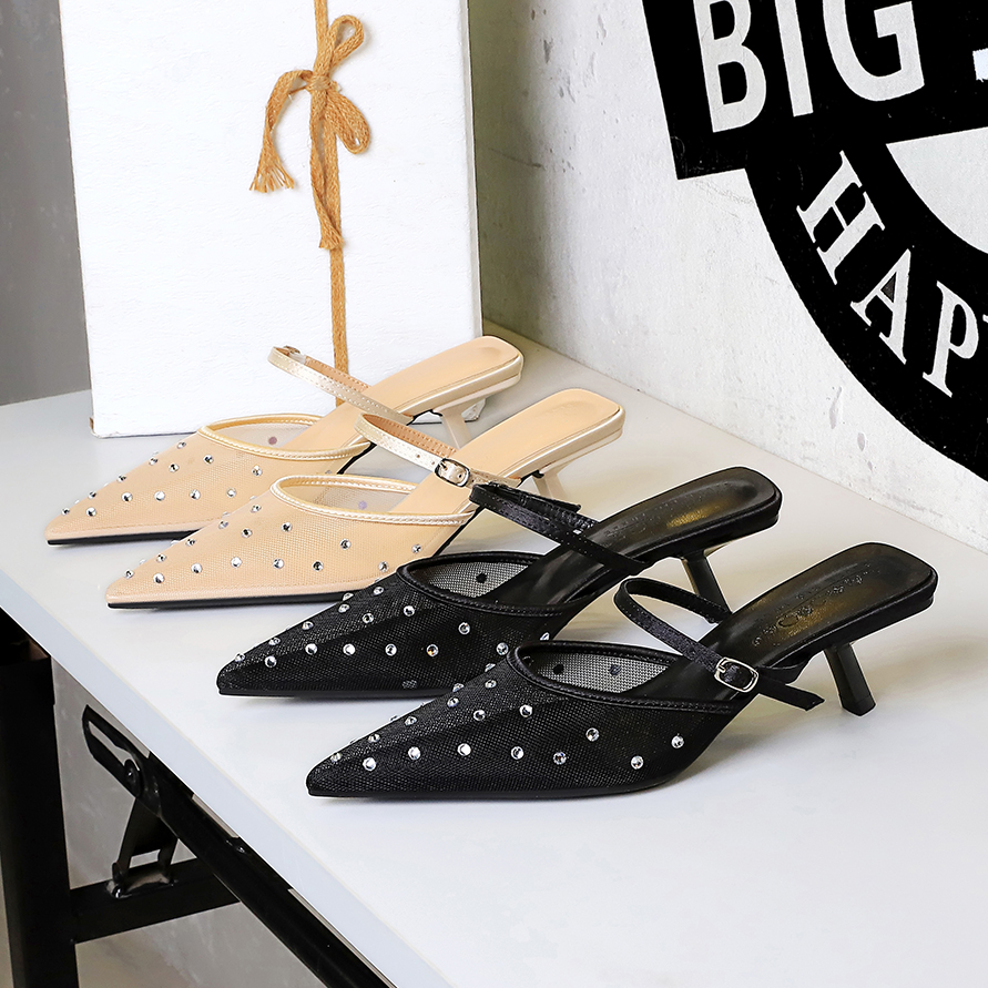 French Pointed Toe Mesh Rhinestone Low Heel Slippers for Women Breathable Hollow Out Strap Shoes