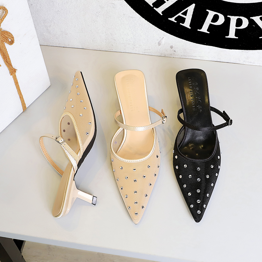 French Pointed Toe Mesh Rhinestone Low Heel Slippers for Women Breathable Hollow Out Strap Shoes - Image 3