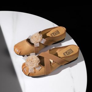 European American Style Banquet Round Toe Cross Strap Flat Open Toe Half Slippers for Women with Flower Inner Height Increasing