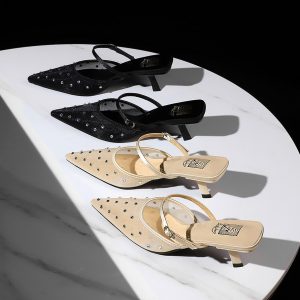 European American Style Fashion Rhinestone Pointed Toe Slippers for Women with Mesh One-Strap Hollow Out Thin Heel Half Slippers