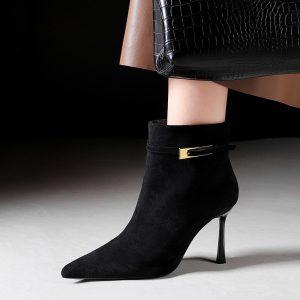 Korean Style Pointed Toe High Heel Fashion Boots Suede Slim Boots Belt Buckle Thin Heel Temperament Short Boots for Women