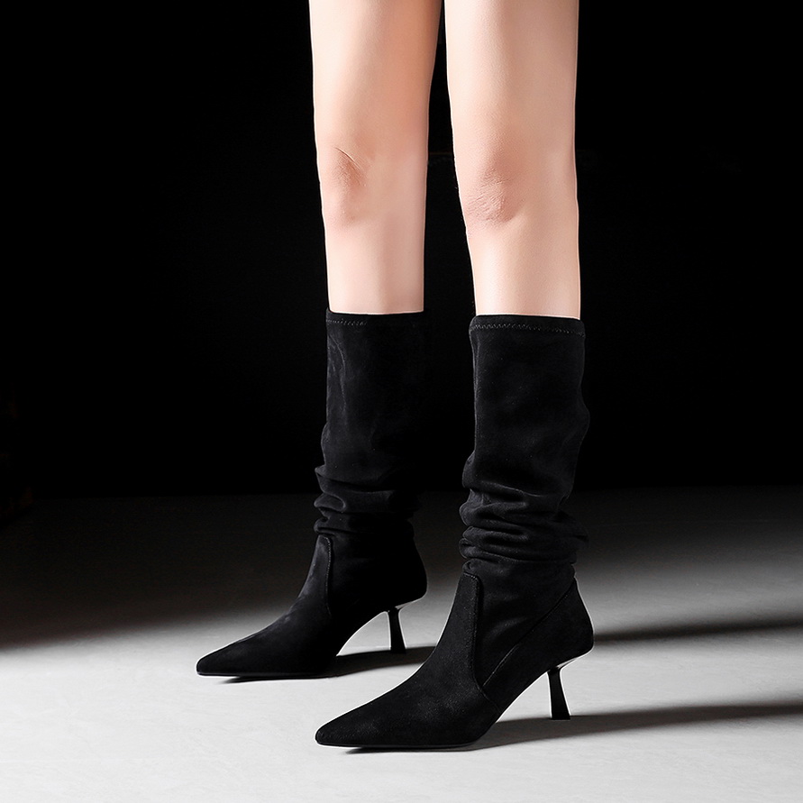 Women's High Heel Pointed Toe Stretch Over-the-Knee Boots with Wrinkled Shaft Riding Boots
