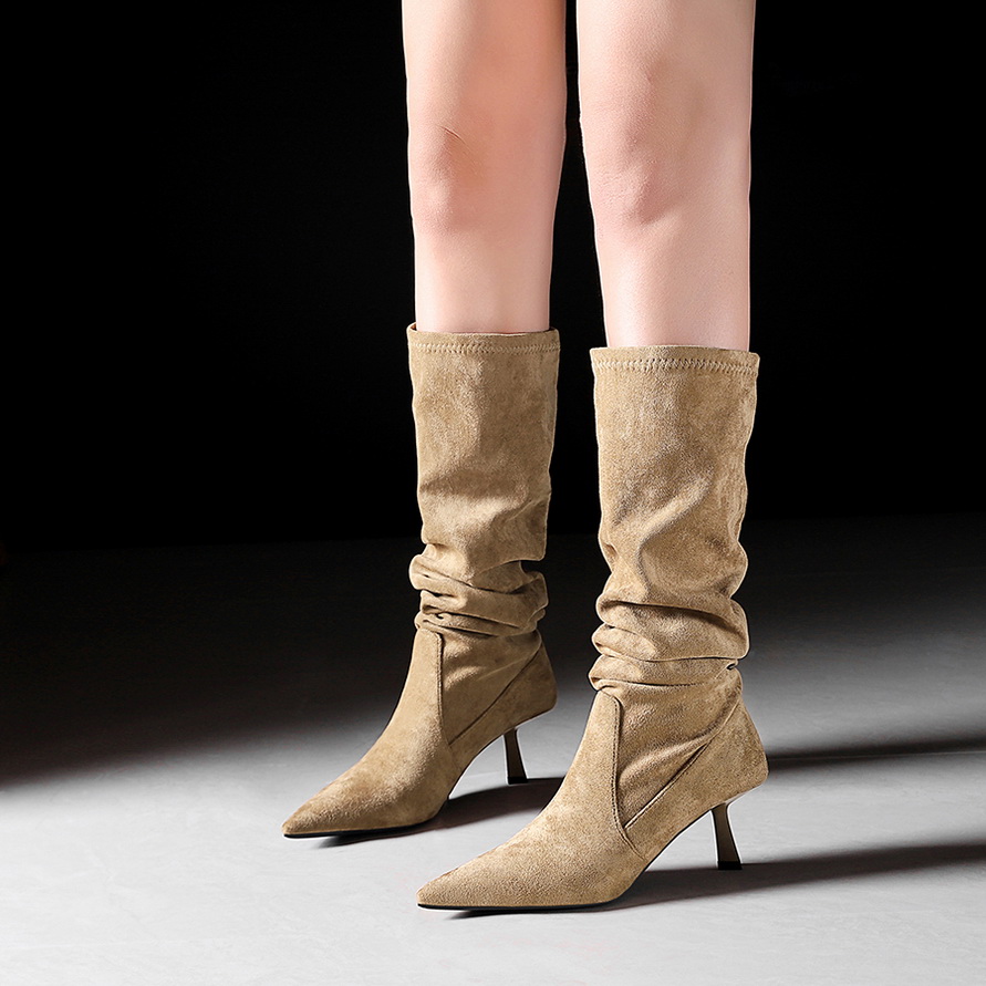 Women's High Heel Pointed Toe Stretch Over-the-Knee Boots with Wrinkled Shaft Riding Boots - Image 2