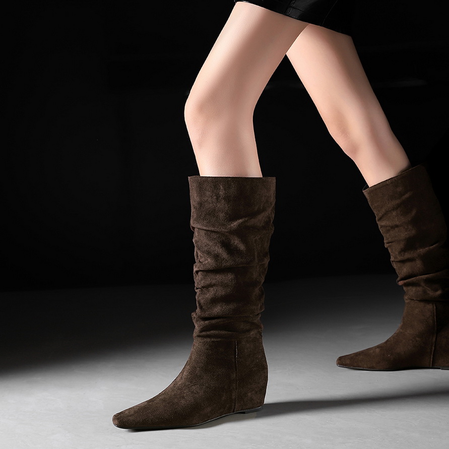 Women's Slouchy High Boots with Hidden Heel, Pointed Toe, Folds, Over-the-Knee Style
