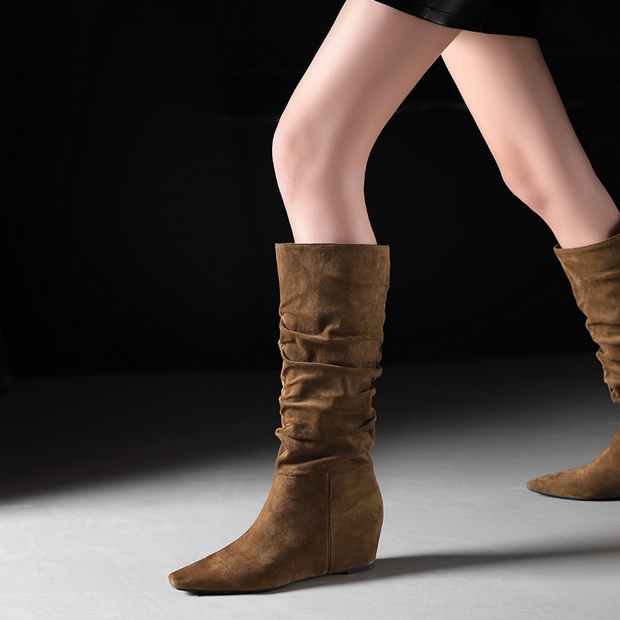Women's Slouchy High Boots with Hidden Heel, Pointed Toe, Folds, Over-the-Knee Style - Image 2