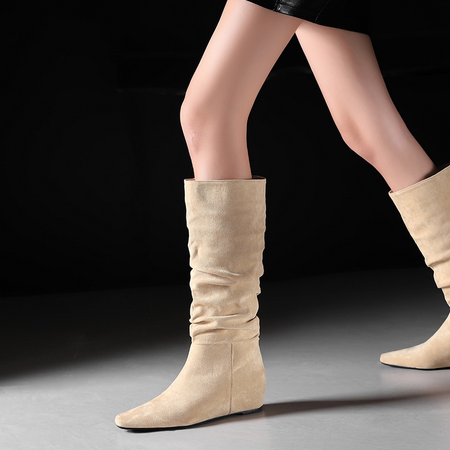 Women's Slouchy High Boots with Hidden Heel, Pointed Toe, Folds, Over-the-Knee Style - Image 3