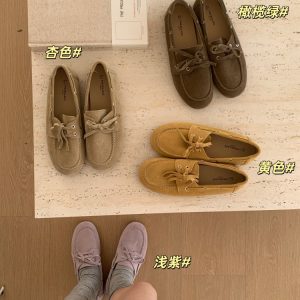 Genuine Leather French Retro Suede Loafer Shoes for Women Flat Heel Lace-up Slip-on Soft Sole