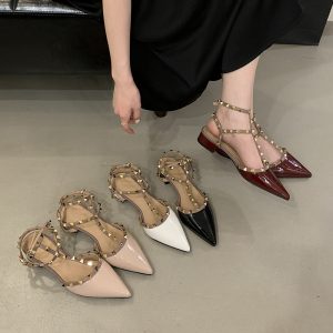 HMSZ Women's Rivet Strappy Sandals 2025 Summer Low Heel Pointed Toe Flat Shoes