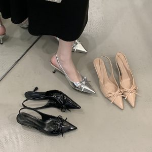 Women's Nude Pointed Toe High Heel Sandals 2025 Summer New Bow Backless Casual Slingback